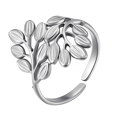 304 Stainless Steel Leaf Open Cuff Ring RJEW-SZ0001-18P-1