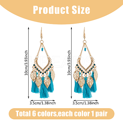 6 Pairs 6 Colors Leaf & Cotton Tassel Chandelier Earrings EJEW-FI0003-14-1