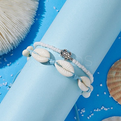 2Pcs 2 Style Glass Seed & Alloy Turtle Beaded Stretch Bracelets Set BJEW-JB09707-1