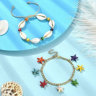 2Pcs 2 Style Synthetic Turquoise Starfish Charm Bracelets Set BJEW-TA00354-1