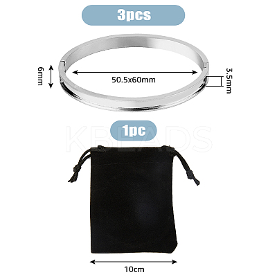 3Pcs Egg Shaped 201 Stainless Steel Grooved Hinged Bangles STAS-UN0048-68-1