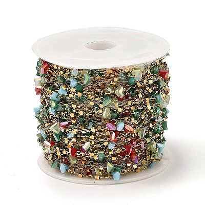 Colorful Faceted Triangle Glass & Cube Beaded Link Chains CHS-G028-17G-1