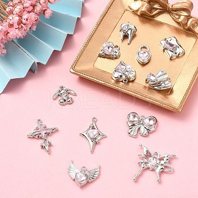 12Pcs 12 Style Rack Plating Alloy with Pink Glass Pendants FIND-YW0003-35-1