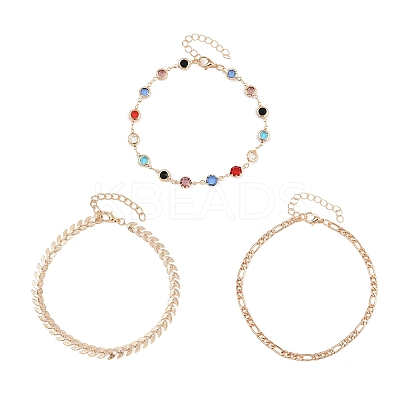 Alloy Colorful Rhinestone Chain 3 Layered Anklets for Women AJEW-A069-01A-G-1
