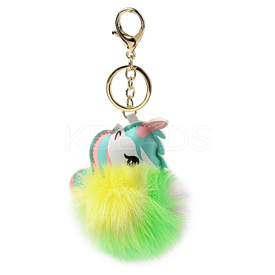 Imitation Rex Rabbit Fur Ball & PU Leather Unicorn Pendant Keychain KEYC-K018-01KCG-02-1