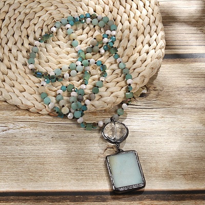 Rectangle & Flat Round Bohemian Style Natural Amazonite with Glass Pendant Necklaces FS-WGEA5B3-03-1