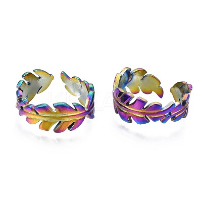 304 Stainless Steel Leaf Wrapped Cuff Ring RJEW-N038-060-1