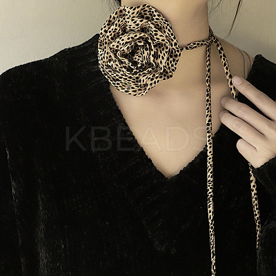 Leopard Print Pattern Fabric Rose Tie Choker Necklaces for Women NJEW-Z022-01H-1
