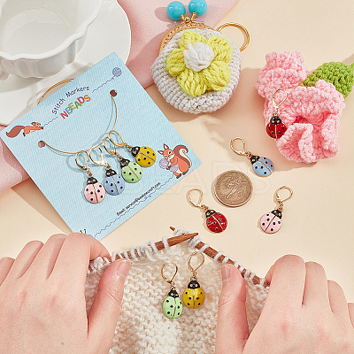 10Pcs 5 Color Alloy Enamel Beetle Charm Locking Stitch Marker HJEW-PH01565-1