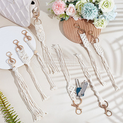 Cotton Knitting Tassel with Wood Beads Keychains KEYC-WH0018-78-1
