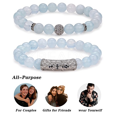 2Pcs 2 Style Natural Aquamarine Stretch Bracelets Set BJEW-SW00094-1