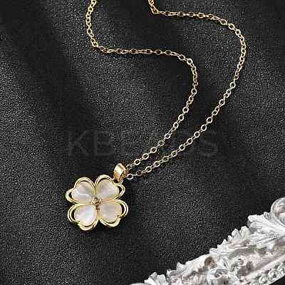 Brass Cubic Zirconia Glass Cat Eye Clover Pendant Neckalces for Women NJEW-S448-07G-1