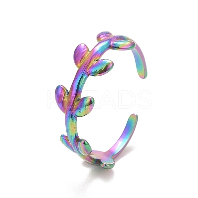 Ion Plating(IP) Rainbow Color 304 Stainless Steel Leaf Wrap Open Cuff Ring for Women RJEW-C025-15M-1
