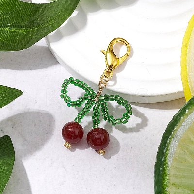 Cherry Natural Carnelian & Glass Seed Beads Pendant Decorations HJEW-MZ00128-01-1