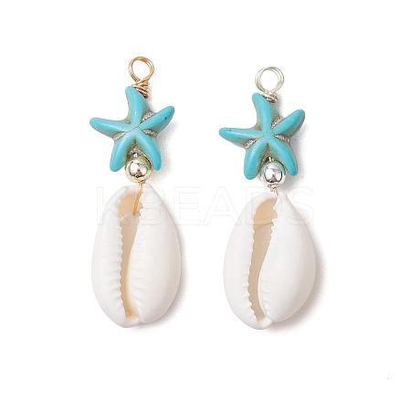 2Pcs 2 Colors Cowrie Shell & Synthetic Turquoise Starfish Pendants PALLOY-JF03407-1