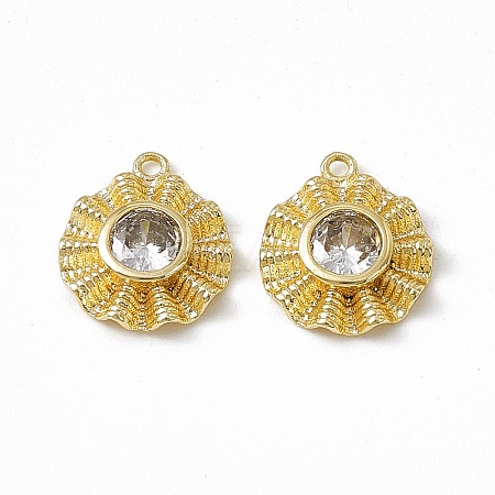 Brass Pave Clear Cubic Zirconia Flat Round Charms KK-K271-26G-1