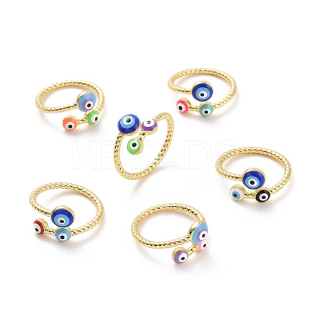 Enamel Evil Eye Open Cuff Ring RJEW-A007-06LG-1