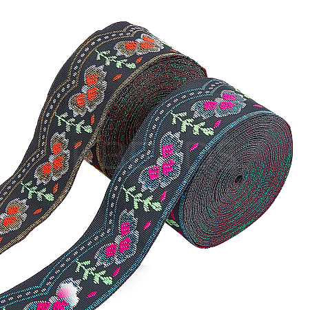 AHANDMAKER 2 Rolls 2 Colors Ethnic Style Embroidery Polyester Ribbons OCOR-GA0001-14-1