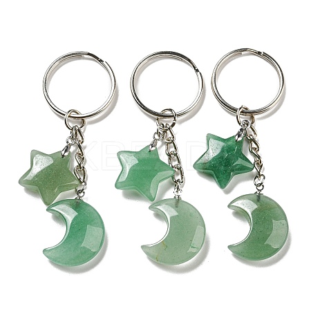 Reiki Natural Green Aventurine Moon & Star Pendant Keychains KEYC-P015-02P-03-1