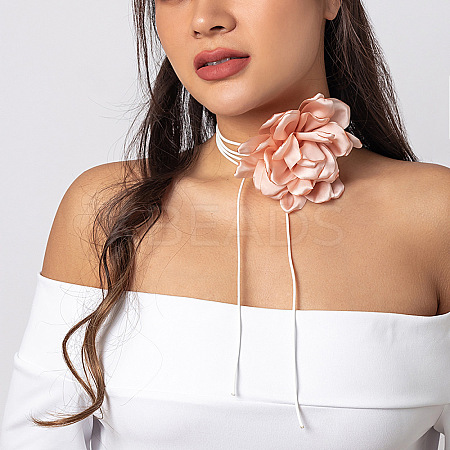 Retro Cloth Rose Flower Waxed Cord Wrap Choker Necklaces for Women WG01AE5-02-1
