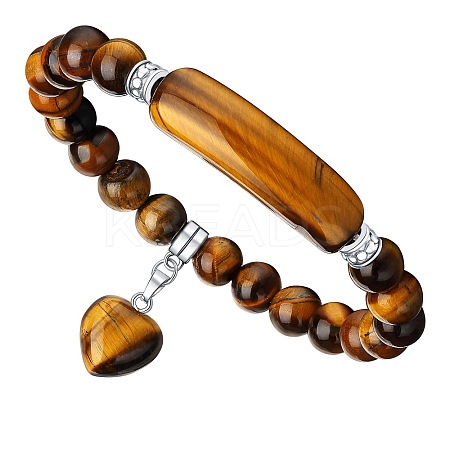 Natural Tiger Eye Curved Rectangle Stretch Braclets with Heart Charm PW-WG54678-03-1