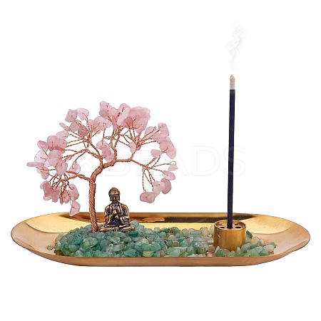 Natural Rose Quartz with Green Aventurine Chips with Brass Incense Burner Holder DJEW-G027-19RG-03-1