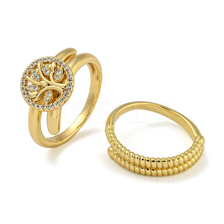 Flat Round with Tree of Life Brass Micro Pave Clear Cubic Zirconia Double Rings RJEW-Z050-23G-1