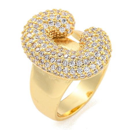 Brass Micro Pave Clear Cubic Zirconia Letter Open Cuff Ring for Women RJEW-M173-01G-C-1