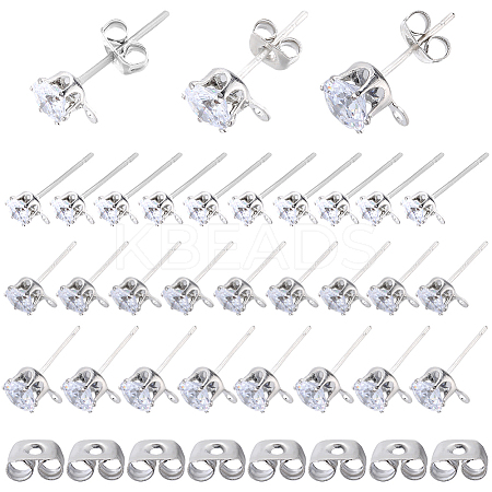 60Pcs 3 Size Clear Cubic Zirconia Stud Earring Findings STER-SP0001-01-1