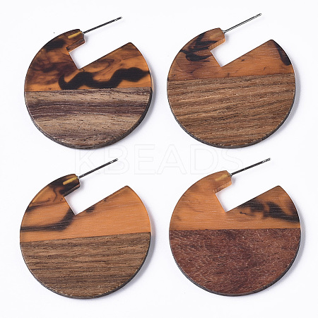 Transparent Resin & Walnut Wood Stud Earrings EJEW-T010-01-1