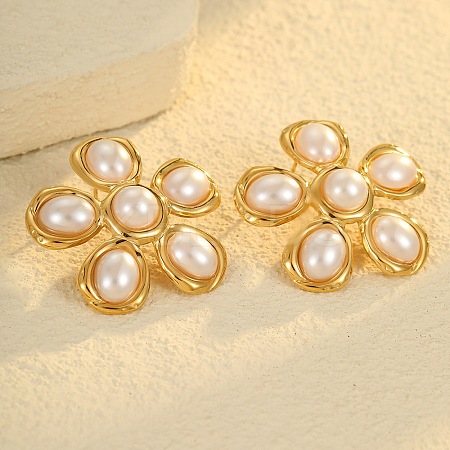 Flower 304 Stainless Steel Plastic Imitation Pearl Stud Earrings for Women EJEW-G444-04G-1