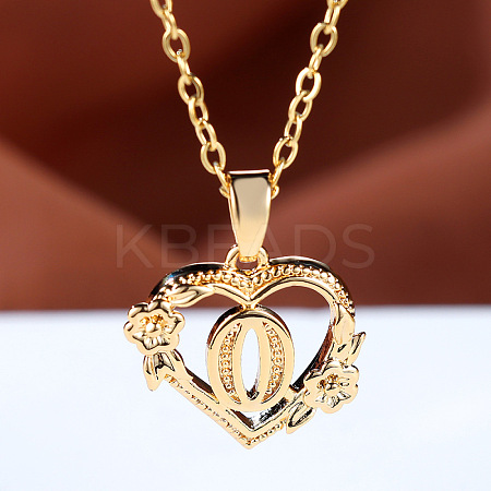 Brass Rose Flower Heart with Letter Pendant Cable Chain Necklaces FS-WG42461-15-1