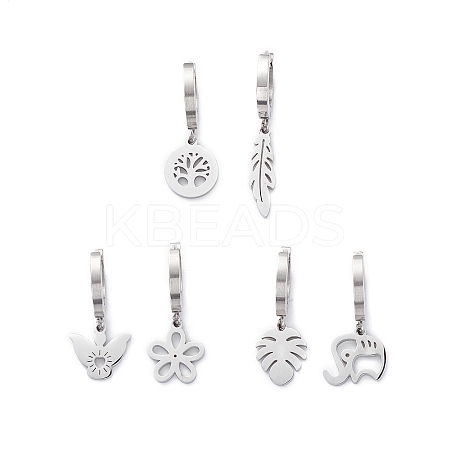 3 Pair 3 Style Leaf & Flower & Butterfly & Tree & Elephant Asymmetrical Earrings EJEW-B020-03P-1