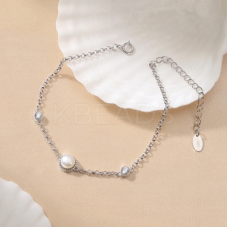 Natural Freshwater Pearls and Cubic Zirconia Link Bracelets BJEW-D343-01P-1