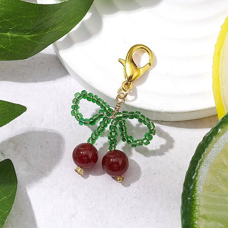 Cherry Natural Carnelian & Glass Seed Beads Pendant Decorations HJEW-MZ00128-01-1