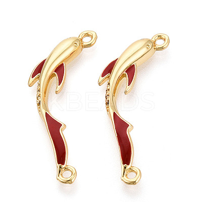 Brass Micro Pave Clear Cubic Zirconia and FireBrick Enamel Connector Charms KK-T074-68G-1