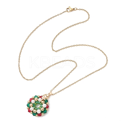 Glass Seed Beads & Shell Pearl Beaded Christmas Wreath Pendant 304 Stainless Steel Cable Chain Necklaces NJEW-MZ00121-1