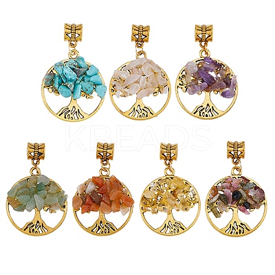 7Pcs 7 Colors Synthetic Turquoise & Natural Green Aventurine & Red Aventurine & Tourmaline & Citrine & Amethyst & Rose Quartz Chip Beaded Alloy Tree of Life European Dangle Charms PALLOY-JF04194-03-1