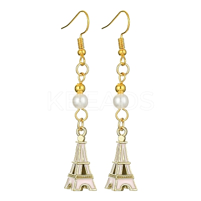Alloy Enamel Eiffel Tower Dangle Earrings with Imitation Pearl Beaded EJEW-JE05422-01-1