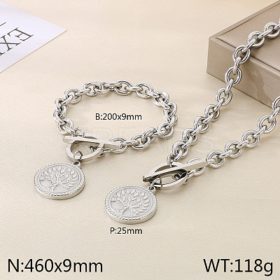 Flat Round with Tree of Life 304 Stainless Steel Pendant Necklaces & Charm Bracelets Sets FS-WG2A73C-05-1