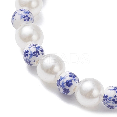 Handmade Flower Printed Porcelain Ceramic & ABS Plastic Imitation Pearl Beaded Stretch Bracelets for Women BJEW-JB12737-1