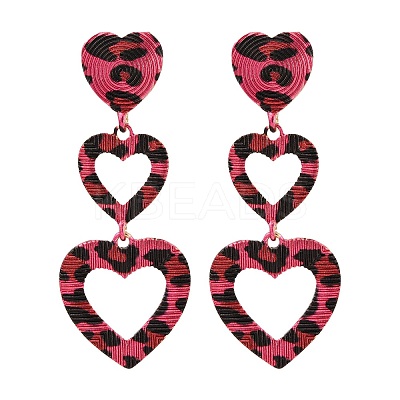 Heart with Leopard Print Alloy Tassel Stud Earrings EJEW-Z112-05G-1