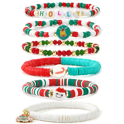 6Pcs 6 Styles Christmas Polymer Clay & Resin & Glass & Acrylic Beads Stretch Bracelets Set for Women OZ4869-6-1