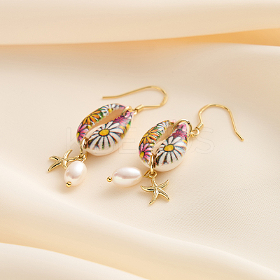 925 Sterling Silver Shell Shape with Starfish Dangle Earrings EJEW-M096-02G-1