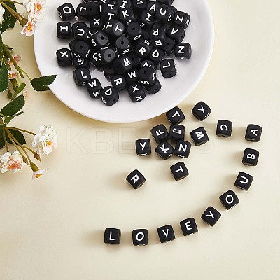 20Pcs Black Cube Letter Silicone Beads 12x12x12mm Square Dice Alphabet Beads with 2mm Hole Spacer Loose Letter Beads for Bracelet Necklace Jewelry Making JX433E-1