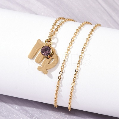 304 Stainless Steel Glass Drill Birth Stone Constellation Pendant Necklaces LS-STAS-D305-08G-F-1