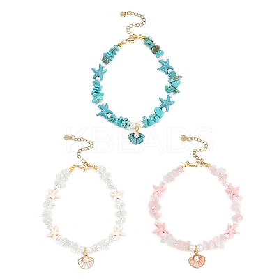 3Pcs 3 Styles Zinc Alloy Enamel Shell Shape Charm Round Shell Pearl & Dyed Synthetic Turquoise Starfish & Magnesite & Opalite & Natural Rose Quartz Chip Beaded Anklets AJEW-AN00735-1