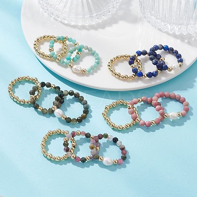 15Pcs 5 Colour Natural Gemstone & Cultured Freshwater Pearl Cuff Rings RJEW-JR01024-1