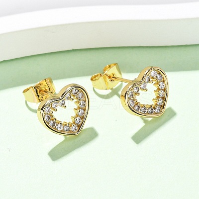 Brass Micro Pave Clear Cubic Zirconia Heart Stud Earrings EJEW-K267-29G-1