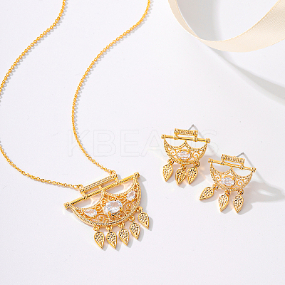 Brass Micro Pave Clear Cubic Zirconia Crescent Moon Tassel Pendant Necklaces and Stud Earrings Sets for Women PB9460-1